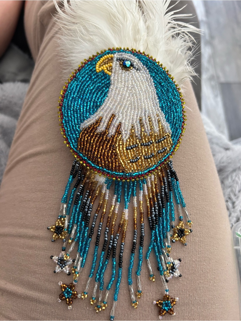 Beaded Eagle Feather Fringe hair clip- Turquoise, Gold & White